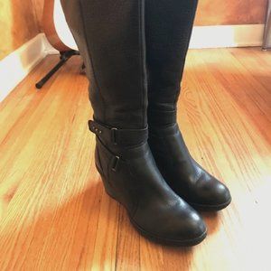 Clarks Knee High Wedge Boots with Buckle Detailing
